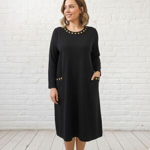 Nina Patrick Sweater Dress L Wool Blend Gold Snap Detail Black Vintage